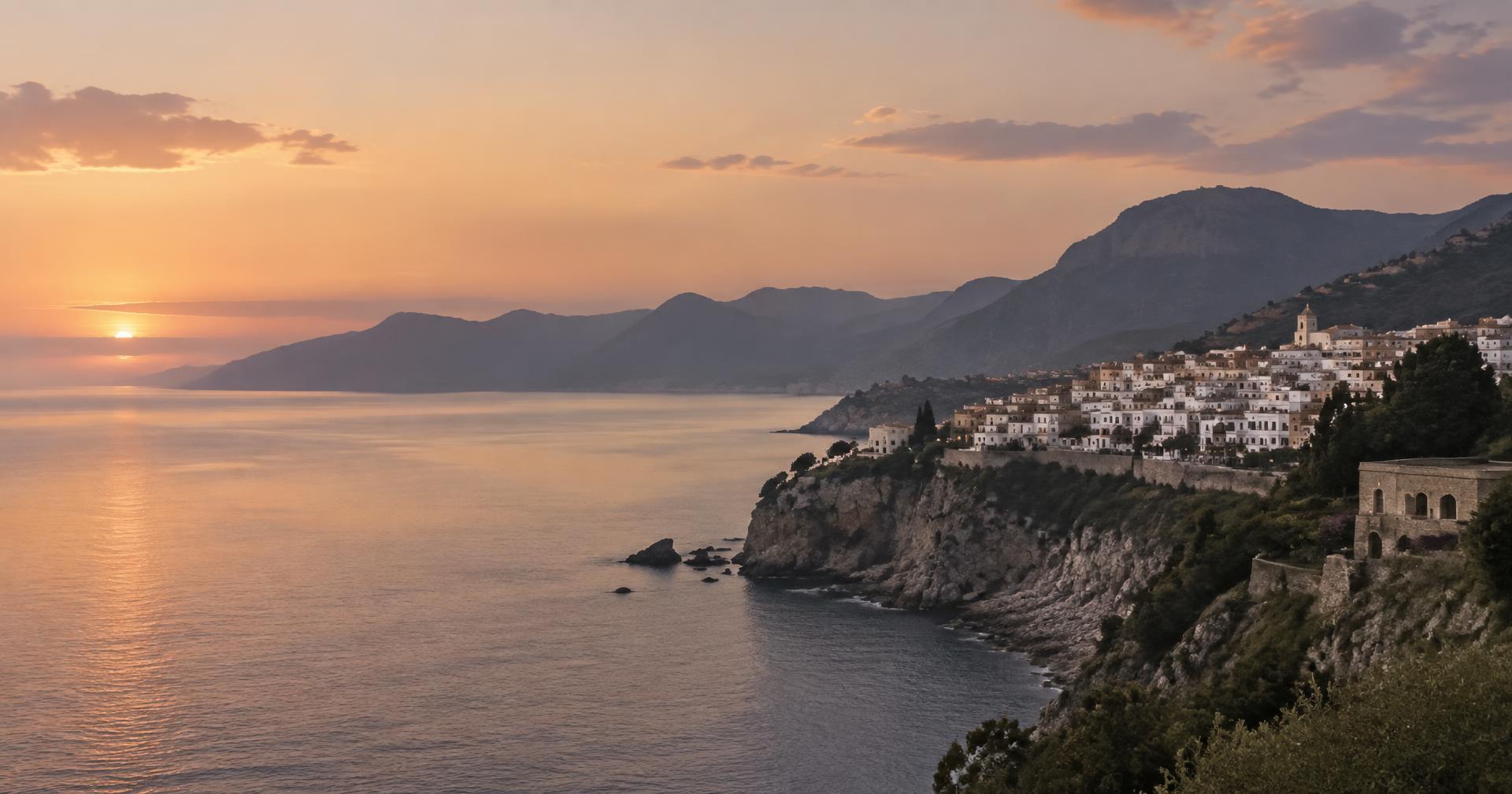 Mediterrane Küste in der Abenddämmerung