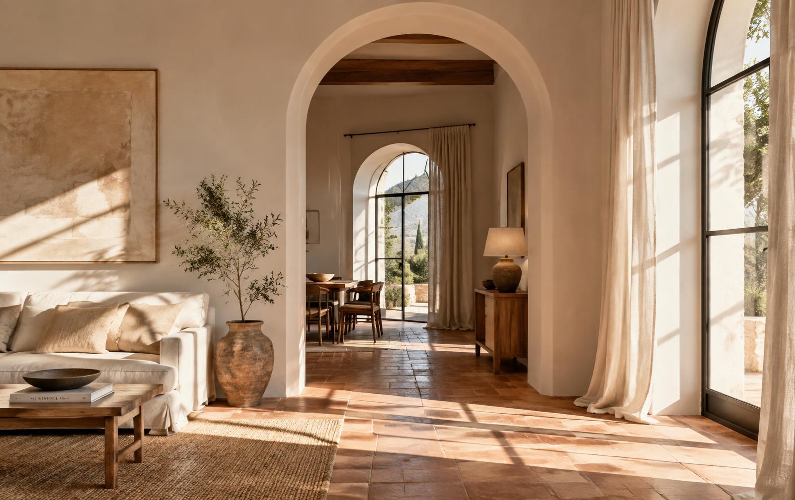 Helles mediterranes Wohnhaus mit Rundbogen und Terrakottaboden